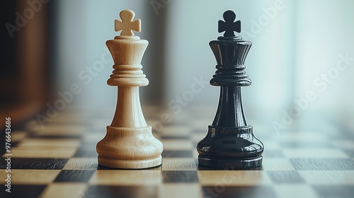 White and black chess kings facing off on a classic chessboard photo