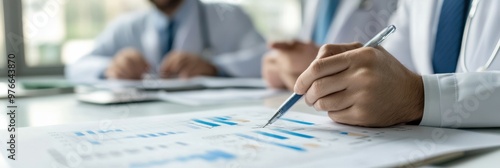 A group of doctors, dressed in professional attire, discuss and analyze statistical data presented on papers and charts, indicating the importance of thorough research in medical decision-making. photo