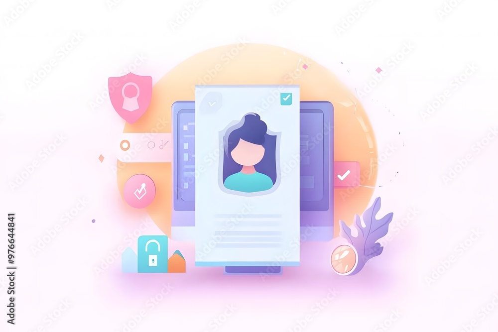 illustration of online security page on computer screen, woman avatar, shield and lock icons illustration of online security page on computer screen, woman avatar, shield and lock icons