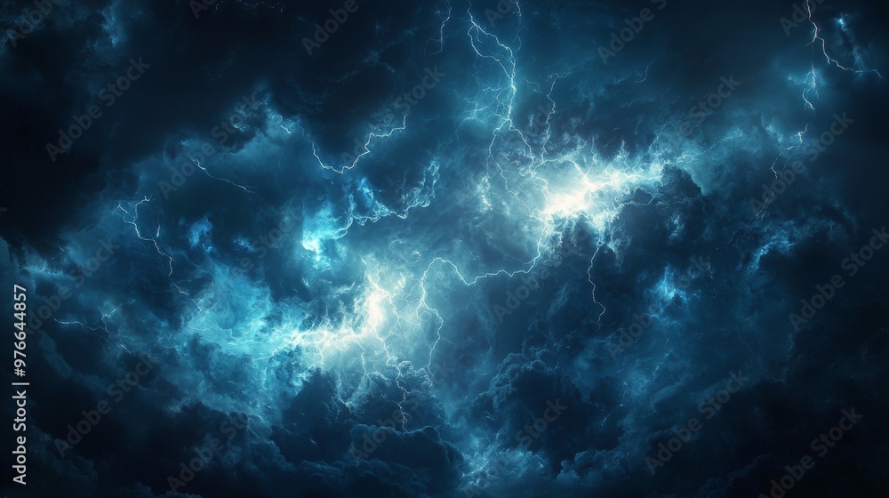 Dark and stormy atmosphere, charged with electricity as lightning strikes with powerful force Dark and stormy atmosphere, charged with electricity as lightning strikes with powerful force