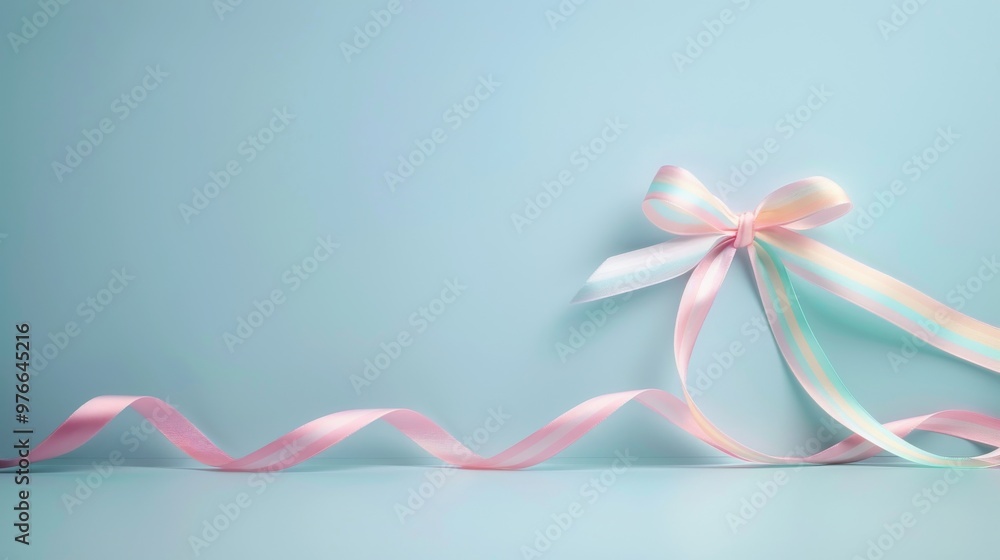 Pastel ribbon arranged elegantly, soft pink and mint green hues, entwined against a calming blue background, embodying celebration and gift-giving grace. Pastel ribbon arranged elegantly, soft pink and mint green hues, entwined against a calming blue background, embodying celebration and gift-giving grace.