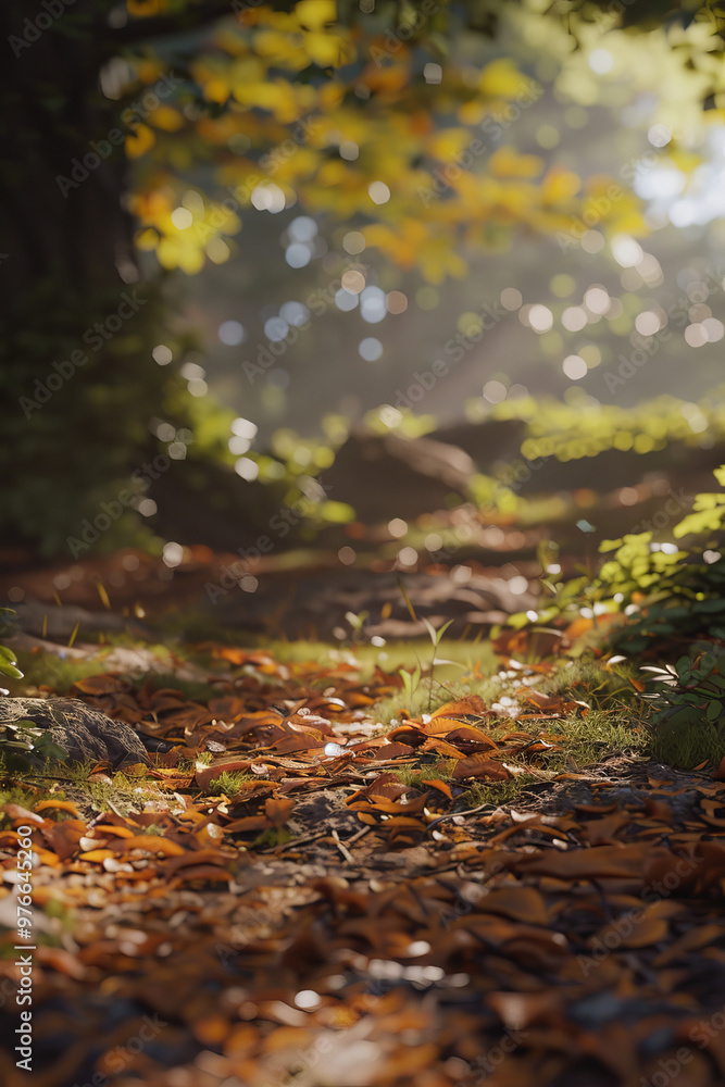A serene forest path adorned with earthy leaves and vibrant greenery, illuminated by soft sunlight filtering through trees, evokes sense of tranquility and connection to nature A serene forest path adorned with earthy leaves and vibrant greenery, illuminated by soft sunlight filtering through trees, evokes sense of tranquility and connection to nature