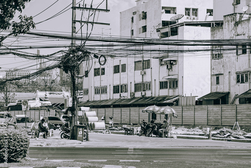 black and white photo of a street in Bangkok