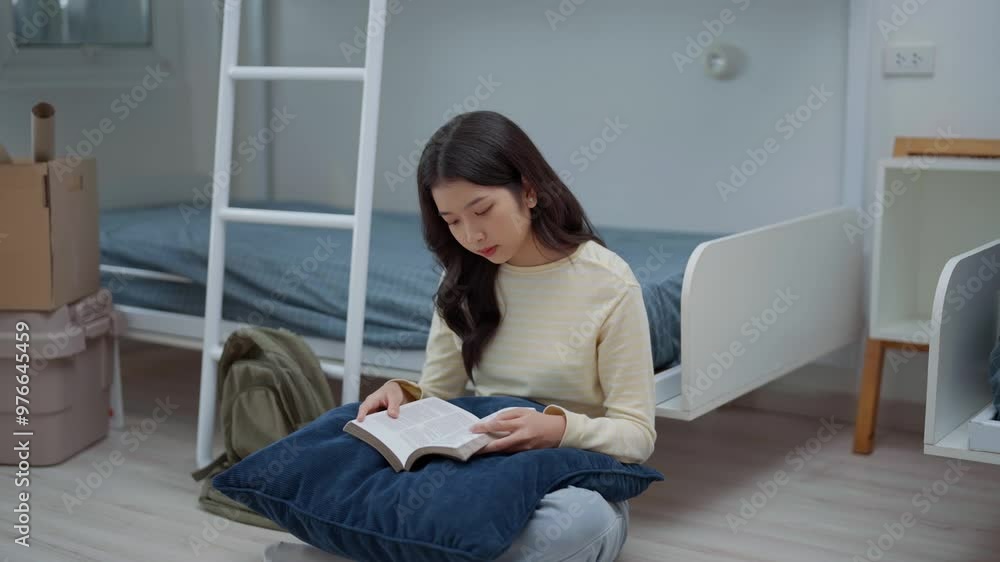 young asian student woman reading a book at college dormitory young asian student woman reading a book at college dormitory