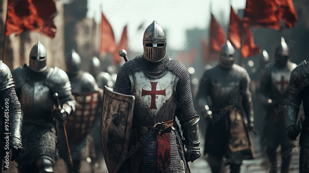 Squad of knights crusaders with banners Squad of knights crusaders with banners