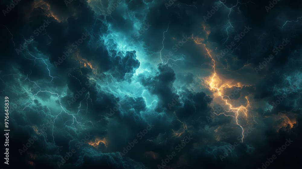 Dark storm clouds with a bolt of lightning, the atmosphere charged with energy and danger Dark storm clouds with a bolt of lightning, the atmosphere charged with energy and danger