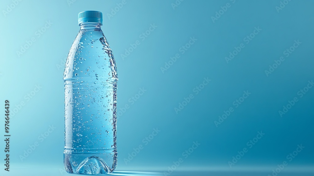 A plastic bottle of water with condensation droplets stands against a vibrant blue backdrop. A plastic bottle of water with condensation droplets stands against a vibrant blue backdrop.
