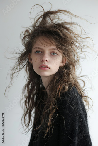 A young woman with straight and fluffy hair showcases lots of volume, exuding unique and captivating style. Her expressive gaze and natural beauty create an intriguing atmosphere