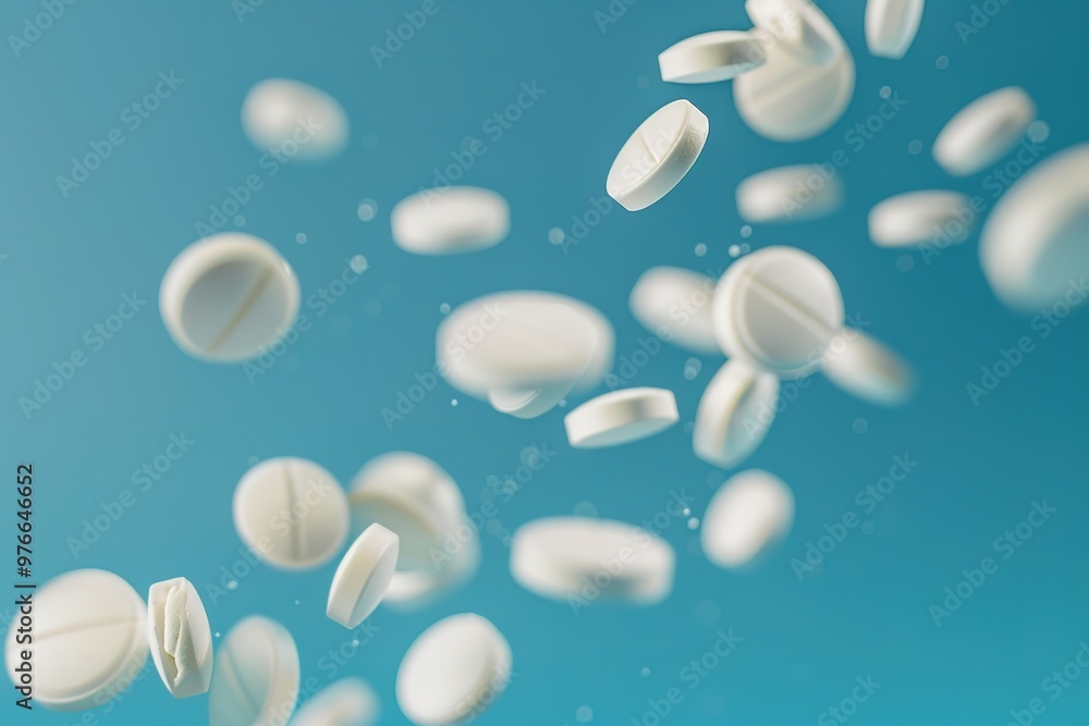 Floating dissolvable discs against blue backdrop Floating dissolvable discs against blue backdrop