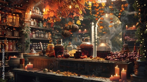 Autumn Witch s Potion Shop Interior with Candles and Dried Leaves photo