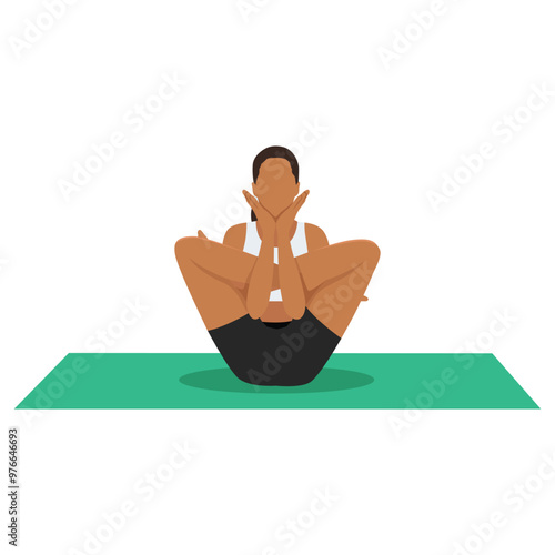 Young woman doing Embryo Pose, Foetus Fetus Pose or Garbhasana, Garbha Pindasana yoga exercise. Flat vector illustration isolated on white background