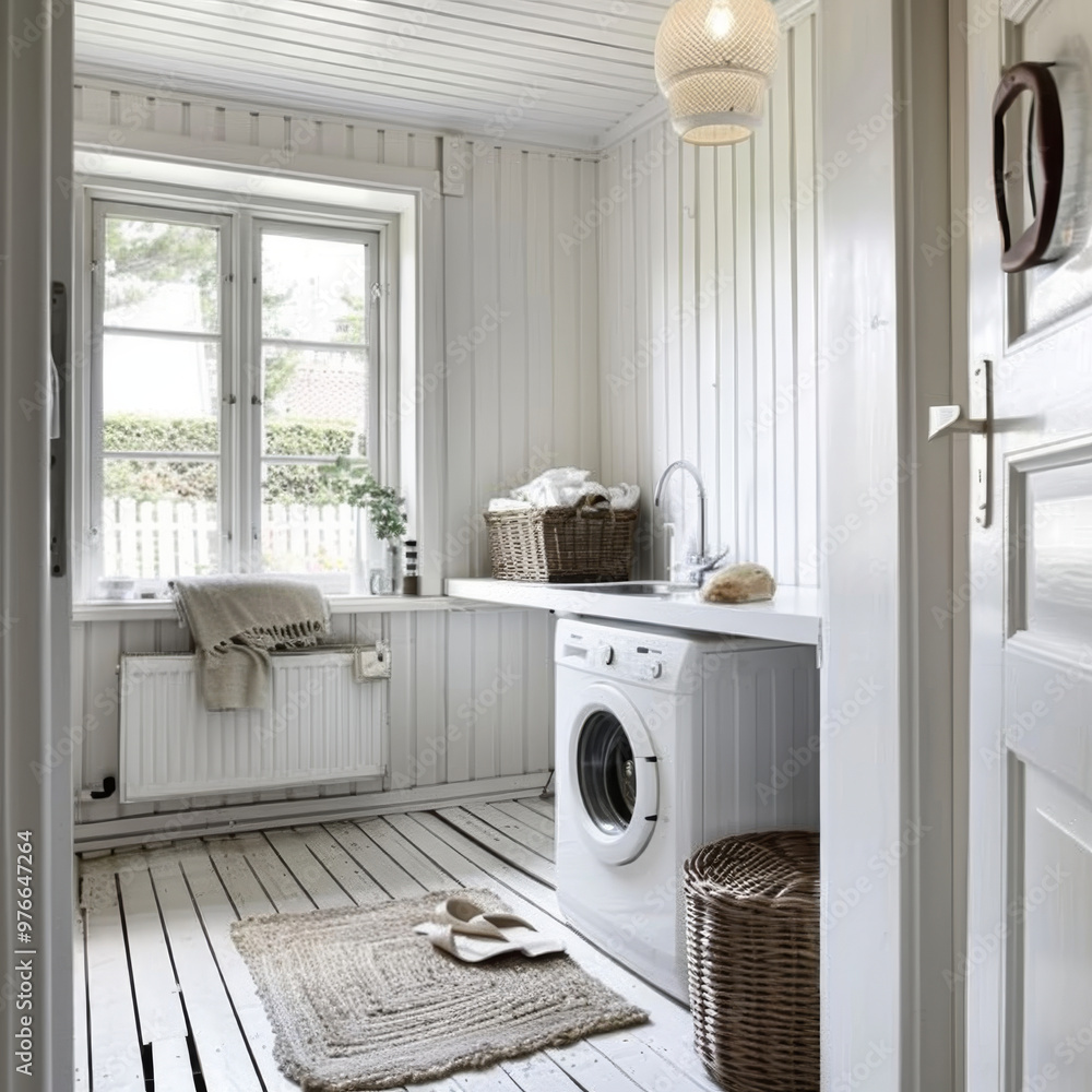 A modern Swedish laundry room featuring white washing machine, natural light, and minimalist decor. space is bright and inviting, with wooden accents and cozy atmosphere A modern Swedish laundry room featuring white washing machine, natural light, and minimalist decor. space is bright and inviting, with wooden accents and cozy atmosphere