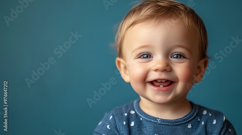 A baby with blond hair and blue eyes smiles.