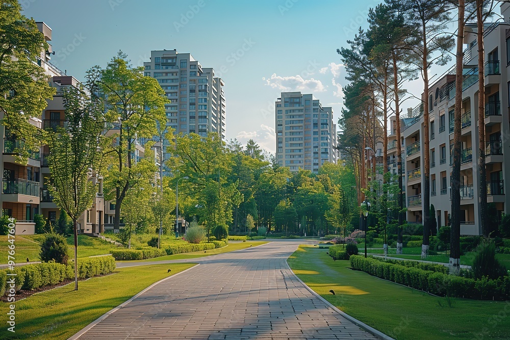 A city street with a sidewalk and a path lined with trees A city street with a sidewalk and a path lined with trees
