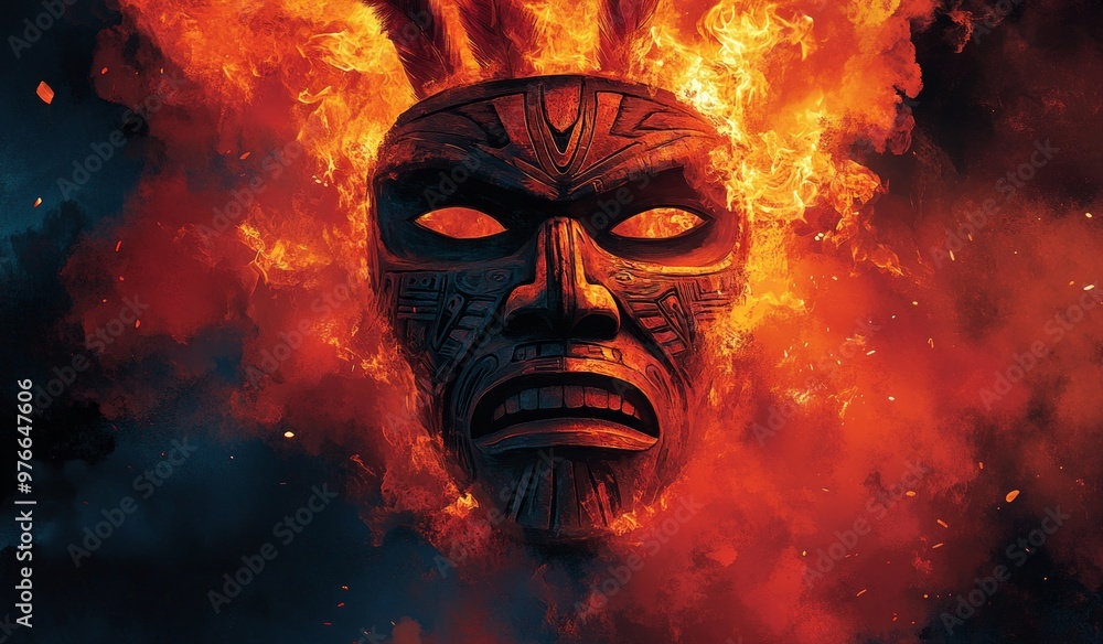 Flaming Tribal Mask in Abstract Fiery Environment Flaming Tribal Mask in Abstract Fiery Environment