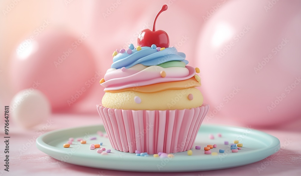 Cherry Topped Cupcake With Pastel Frosting On A Mint Green Plate Cherry Topped Cupcake With Pastel Frosting On A Mint Green Plate