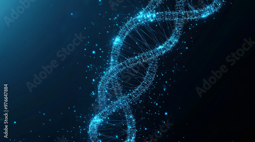 Low poly wireframe illustration of genetic engineering, featuring a 3D DNA spiral and a computer with connected dots. Includes polygonal biotechnology and medical technology mesh art, highlighting .