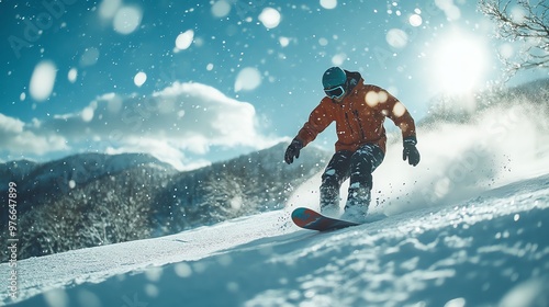 A snowboarder carves a turn down a snowy mountainside on a sunny day.