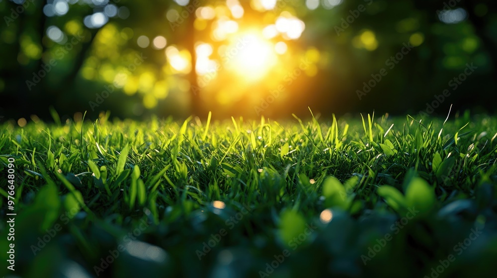 Naklejka premium Warm Sunlight Gently Illuminating Green Grass with a Softly Blurred Background for Nature-Themed Projects