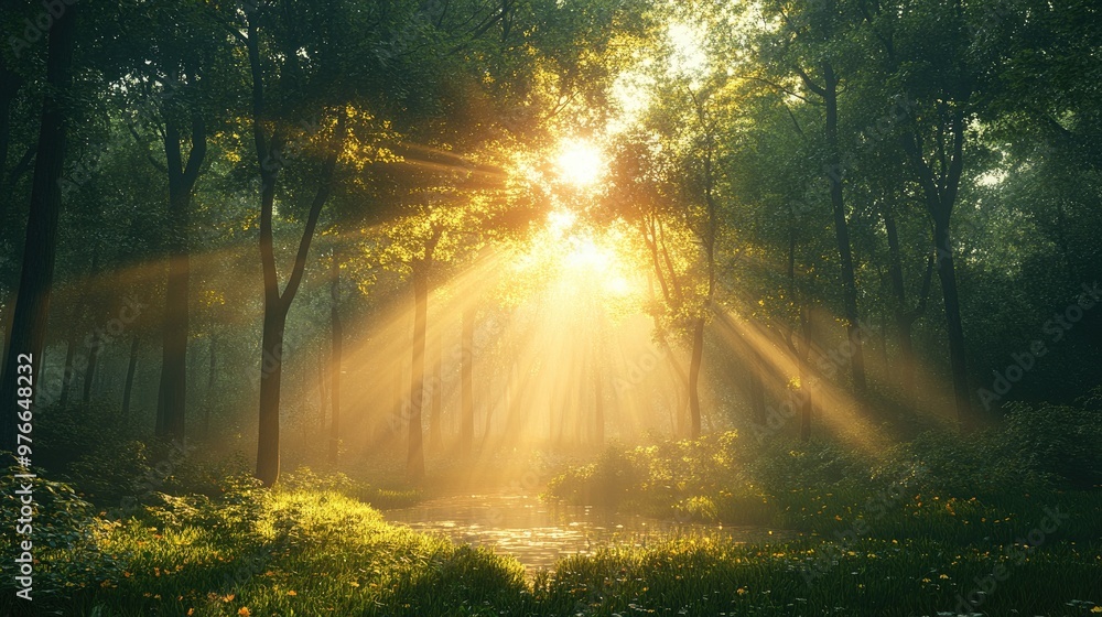 Warm sunlight illuminating a serene forest setting, ideal for nature-related projects and reflections on tranquility. Warm sunlight illuminating a serene forest setting, ideal for nature-related projects and reflections on tranquility.