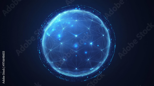 Geometric dome shield on a blue background, featuring a futuristic glowing 3D sphere. Includes technology-style HUD design elements and a hexagon force field shield. Vector illustration for a digital 