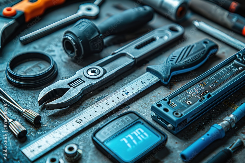 Fototapeta premium A collection of tools and a digital clock on a table
