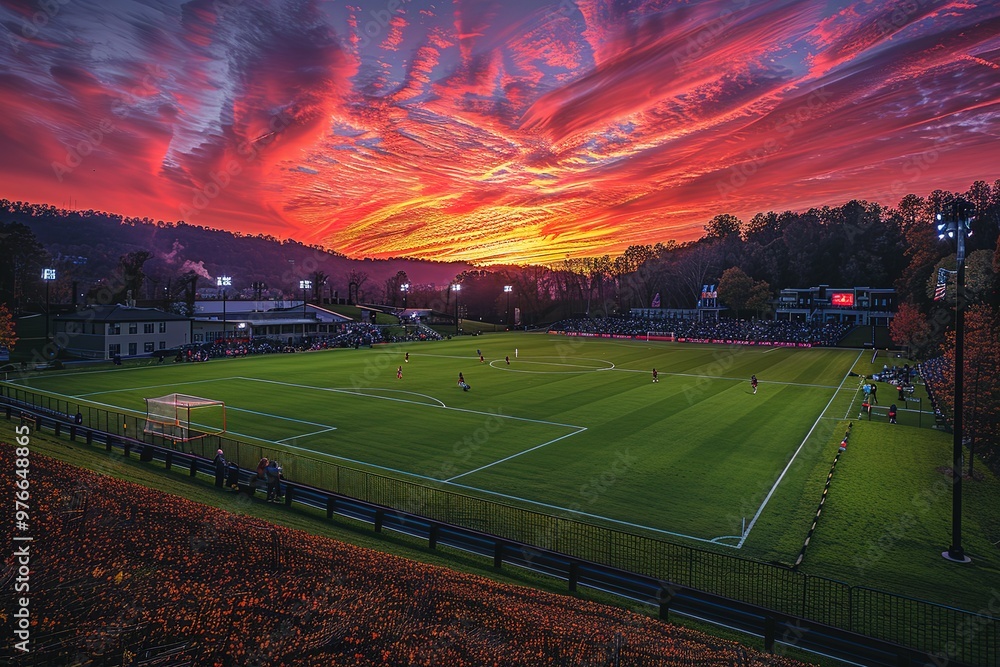 A football field with a sunset in the background A football field with a sunset in the background