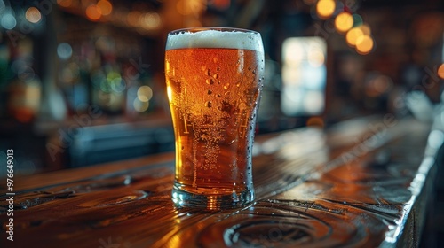 Frosty Pint on Wood Bar Top photo