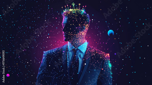 A vectorized abstract image of a businessman in a suit with a crown. The design appears in a starry sky or space style, made up of points, lines, and geometric shapes similar to planets, stars.