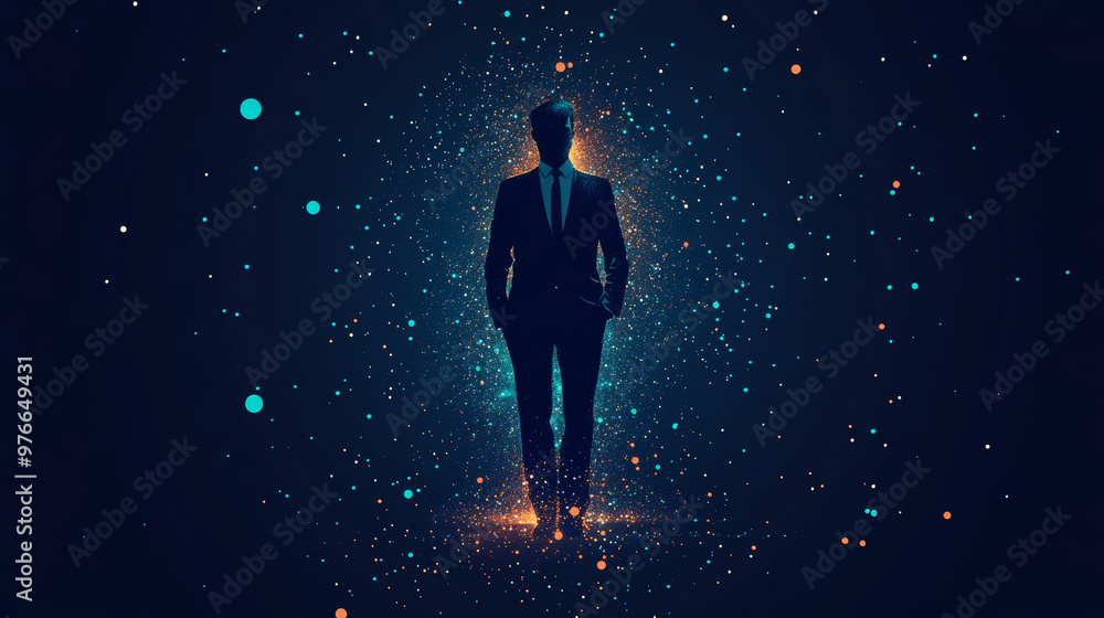 A vectorized abstract image of a businessman in a suit with a crown. The design appears in a starry sky or space style, made up of points, lines, and geometric shapes similar to planets, stars. A vectorized abstract image of a businessman in a suit with a crown. The design appears in a starry sky or space style, made up of points, lines, and geometric shapes similar to planets, stars.