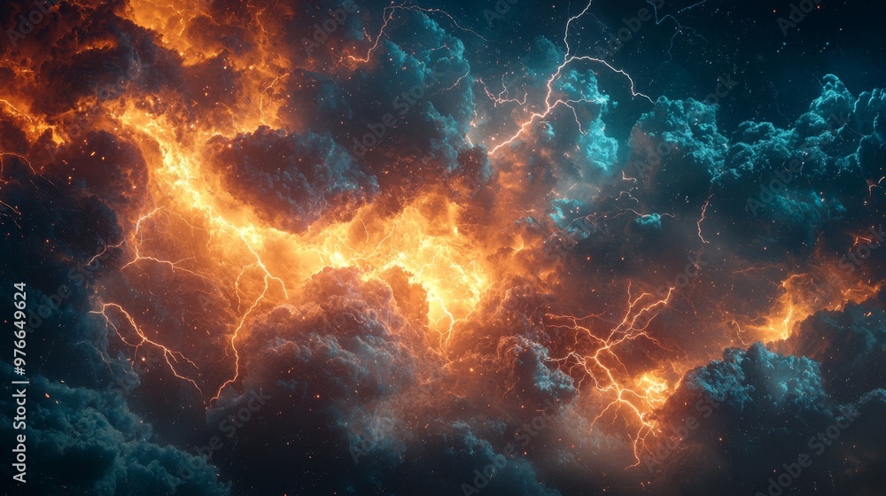 Dramatic striking climate with powerful lightning, the sky alive with energy and tension Dramatic striking climate with powerful lightning, the sky alive with energy and tension