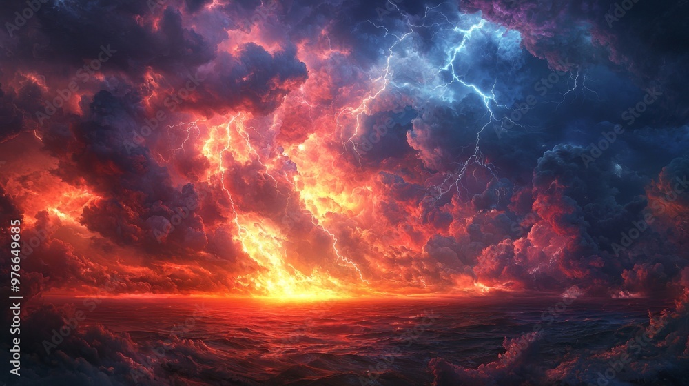 Dramatic striking climate with powerful lightning, the sky alive with energy and tension Dramatic striking climate with powerful lightning, the sky alive with energy and tension