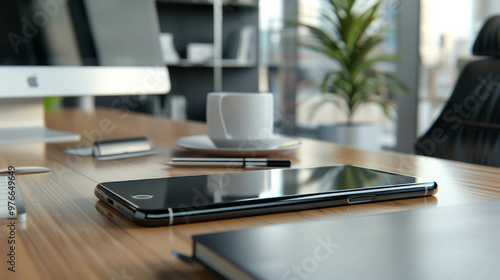 Corporate office desk with business smartphone and tech tools. AI generative photo