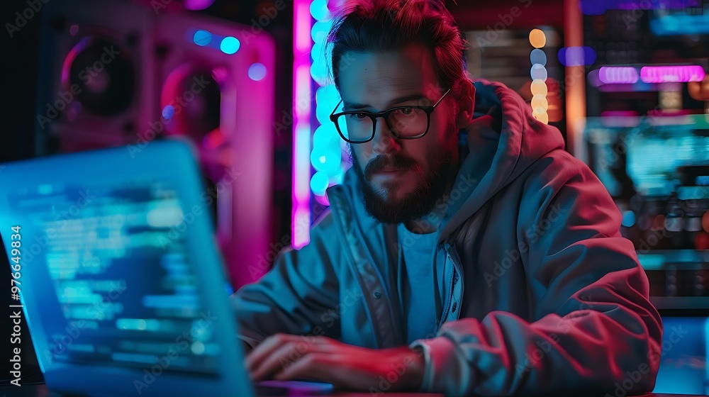 A focused individual working on a laptop in a vibrant tech environment. A focused individual working on a laptop in a vibrant tech environment.
