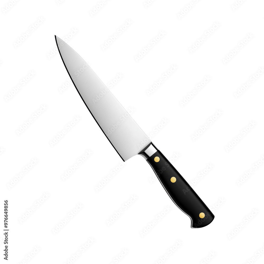 Sharp kitchen knife with a black handle and metallic blade Sharp kitchen knife with a black handle and metallic blade