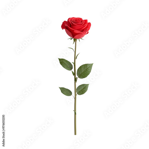 Single red rose with green leaves on a black background