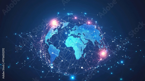 Global network structure and data connection concept, illustrating social network communication within global computer networks. Covers internet technology, business, and science. Vector illustration.