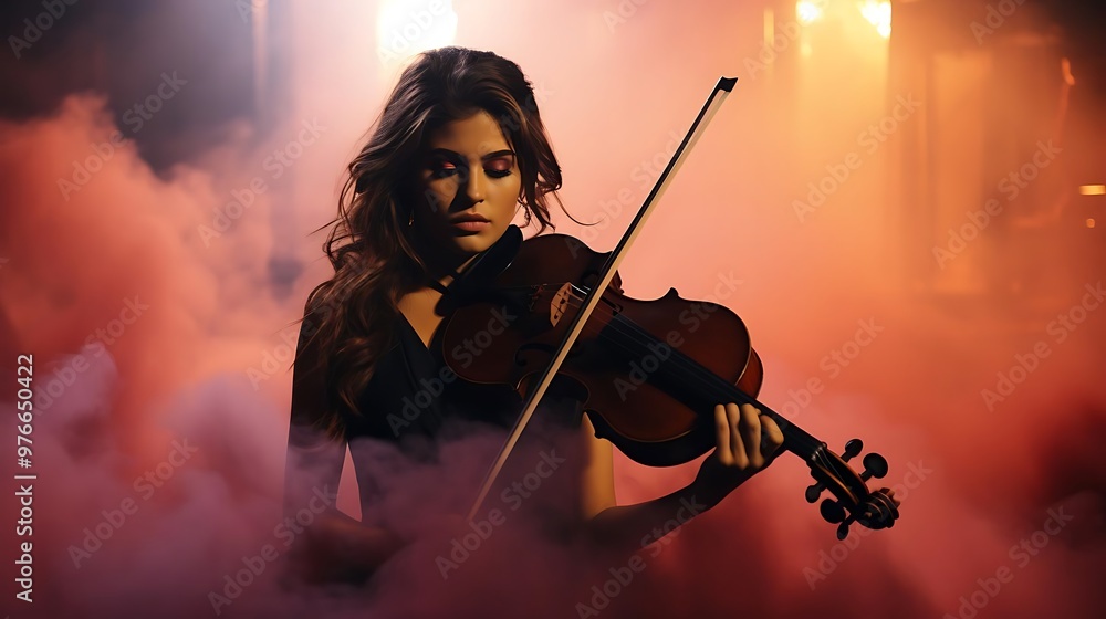 Fototapeta premium A young woman plays the violin amidst colorful smoke.