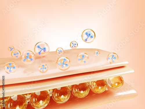 Fototapeta Naklejka Na Ścianę i Meble -  3d skin cell structure with water molecules or hyaluronic acid drops. Cosmetic skincare product, liquid transparent collagen moisture essence cream on adipose tissue layer background. 3D illustration