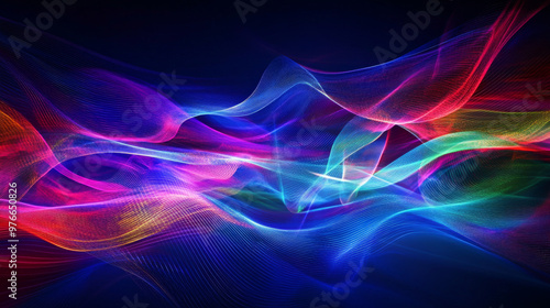 Abstract background featuring a blend of multicolored blue, violet, red, and green. Displays a modern, magical, and shiny electric energy with laser-like neon textures, lines, waves, and stripes. photo