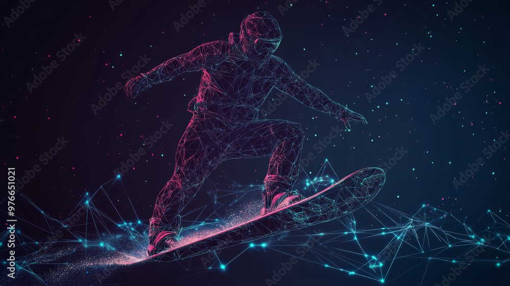 A polygonal wakeboarder illustration in vector format. The abstract image is composed of geometric shapes, wireframe mesh, and connected points and lines, forming the dynamic posture of a wakeboarder. A polygonal wakeboarder illustration in vector format. The abstract image is composed of geometric shapes, wireframe mesh, and connected points and lines, forming the dynamic posture of a wakeboarder.