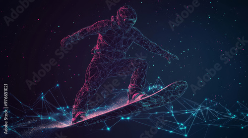 A polygonal wakeboarder illustration in vector format. The abstract image is composed of geometric shapes, wireframe mesh, and connected points and lines, forming the dynamic posture of a wakeboarder.