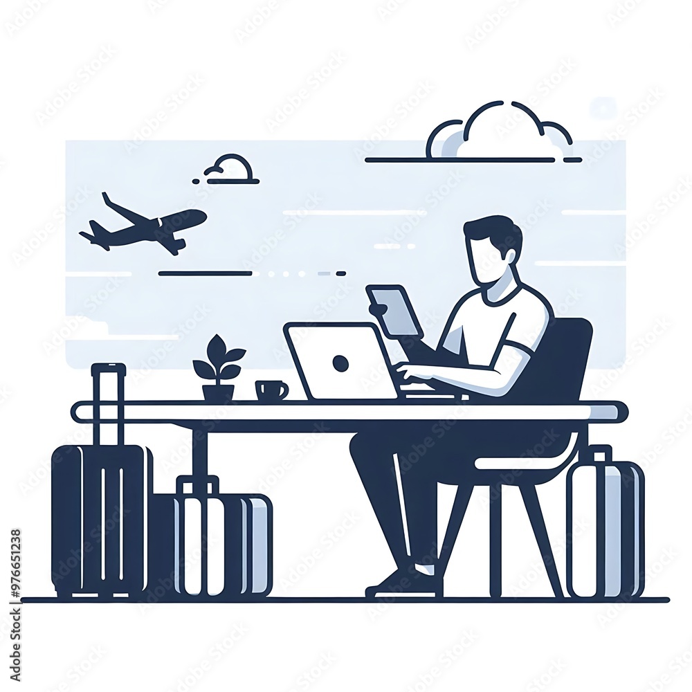 Fototapeta premium Workaholic digital nomad, freelancer, work on the go, flat illustration, graphics resources, social media, web banner