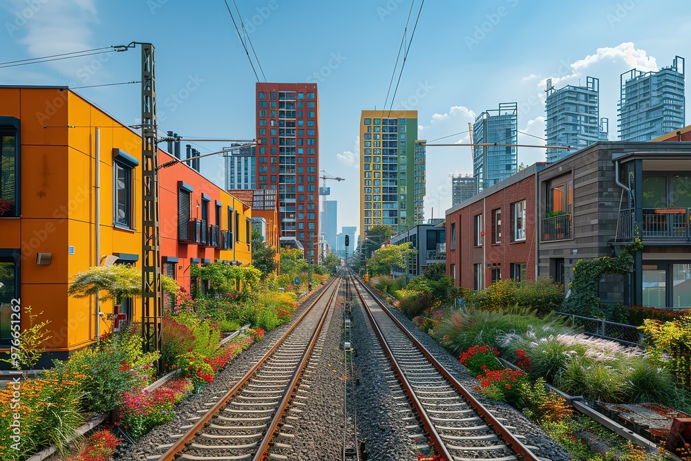 Fototapeta premium A train tracks run through a city with colorful houses and a green garden