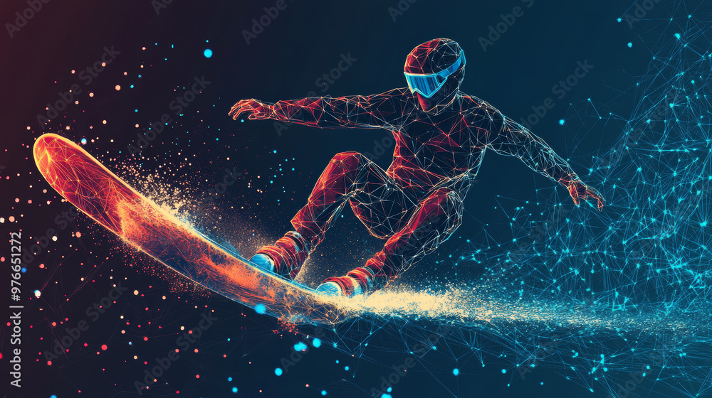 A polygonal wakeboarder illustration in vector format. The abstract image is composed of geometric shapes, wireframe mesh, and connected points and lines, forming the dynamic posture of a wakeboarder. A polygonal wakeboarder illustration in vector format. The abstract image is composed of geometric shapes, wireframe mesh, and connected points and lines, forming the dynamic posture of a wakeboarder.