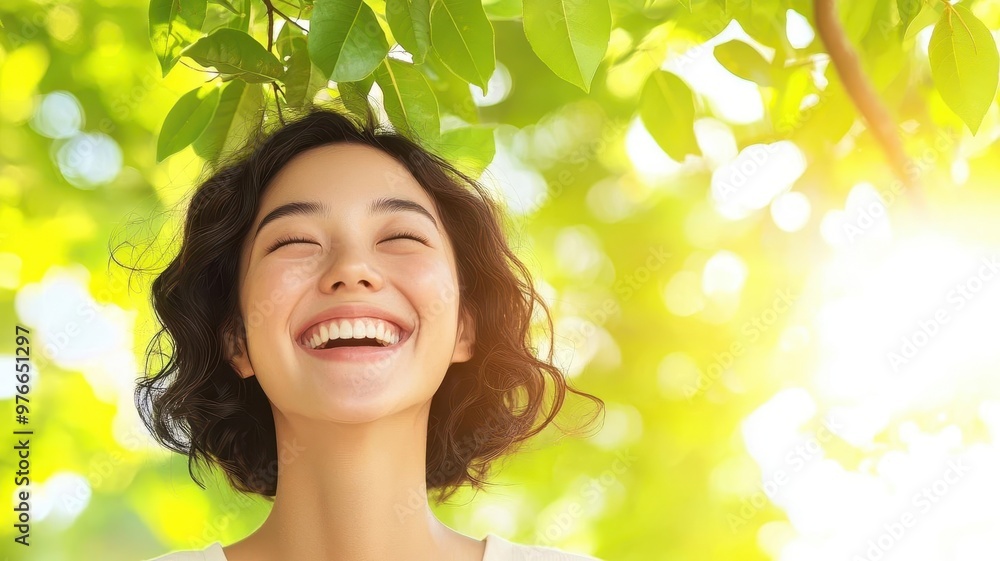 Woman laughing while enjoying a picnic under a tree, sunlight filtering through the leaves, creating a happy moment Smile, Bright, Relaxation Woman laughing while enjoying a picnic under a tree, sunlight filtering through the leaves, creating a happy moment Smile, Bright, Relaxation