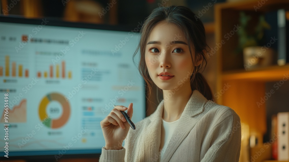 A professional woman in a modern office, with a background of dynamic graph presentation in a large digital screen A professional woman in a modern office, with a background of dynamic graph presentation in a large digital screen