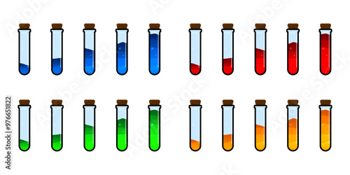 Set of glass bottles. Different color potion flat style on white background. Vector illustration. Design elements for game collection.