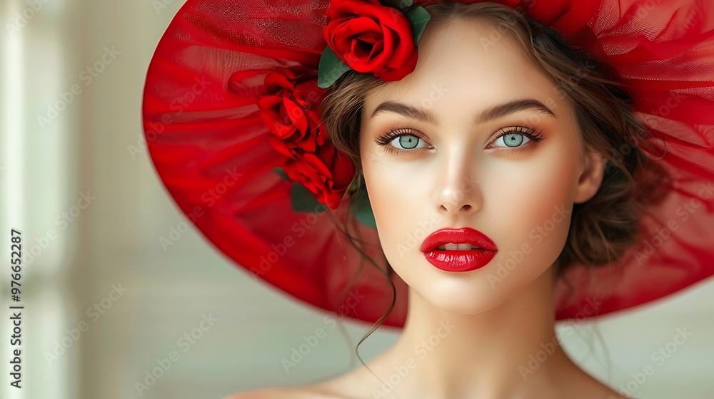 A woman with striking features wearing a red hat adorned with roses. A woman with striking features wearing a red hat adorned with roses.