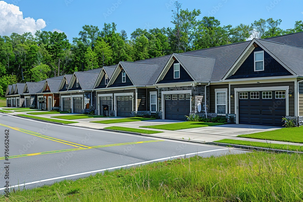 A row of houses with a street in between A row of houses with a street in between